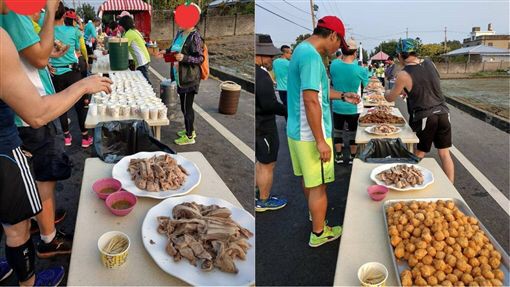 路跑補給站的長桌擺滿長美食，跑者爆動了。（圖擷取自爆廢公社）