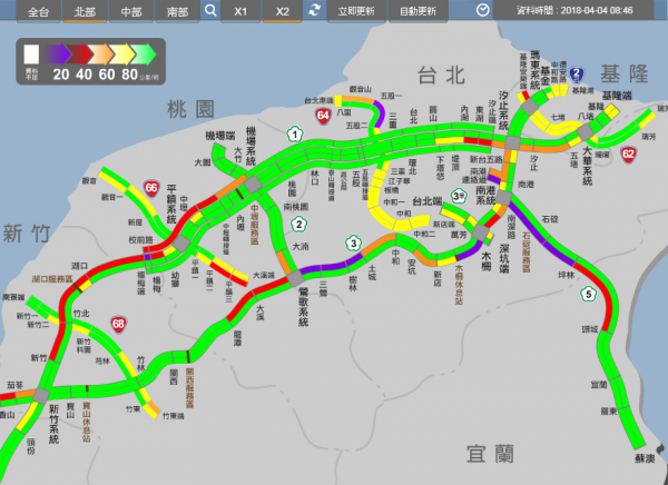 高公局即時路況資訊圖,多處路段呈現紫色標誌。(圖擷取自高公局) 高公局即時路況資訊圖,多處路段呈現紫色標誌。(圖擷取自高公局)