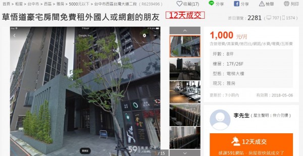 591租屋網站有則刊登訊息近日引發討論，屋主在標題上寫著標題「草悟道豪宅房間免費租外國人或網創的朋友」，點入一看是名男屋主正在尋找室友，但房客要求必須是25歲以下單身女性。（圖擷取自591租屋網）