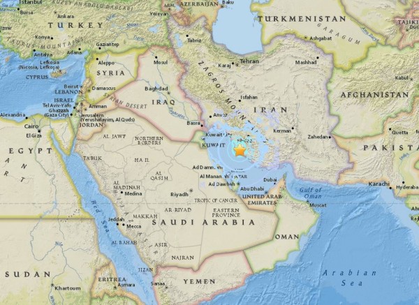 伊朗南部在台灣時間今（19日）下午2點許發生規模5.5的淺層地震，震央靠近當地唯一一座核電廠附近。（USGS）