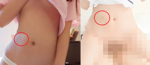 苦主PO出女友過去傳給他的私密自拍照為證,與性愛影片畫面一比對,肚臍右側同一位置都有2顆黑痣。(合成照,擷取自微博) 苦主PO出女友過去傳給他的私密自拍照為證,與性愛影片畫面一比對,肚臍右側同一位置都有2顆黑痣。(合成照,擷取自微博)