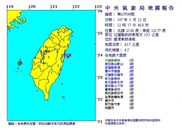 今中午12時17分，東部海域發生芮氏規模4.7有感地震。（圖翻攝自中央氣象局）