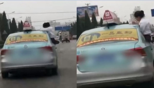 中國河南一名女學生坐在行進中車輛的車窗，把車頂當書桌在上面寫作業。（圖擷取自「梨視頻」）