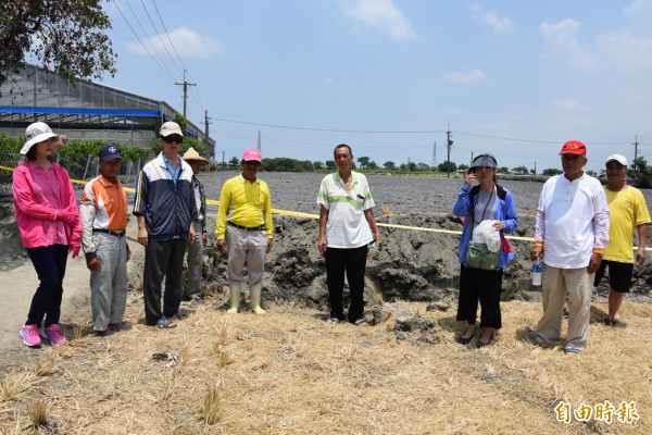 萬丹泥火山噴出的泥漿高達腰部難以清理，農民叫苦。（記者葉永騫攝）