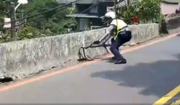 新北市瑞芳警分局九份派出所女警廖子晴，將蛇搬移。（翻攝自臉書）