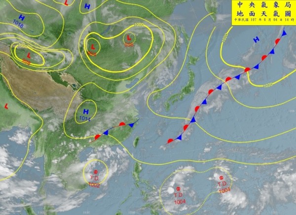 目前台灣南方有3個熱帶性低氣壓（T.D.）正在發展，未來對台影響須密切觀察。（中央氣象局）