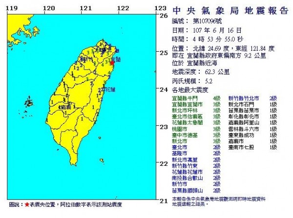 今天清晨4時53分，宜蘭縣近海發生規模5.2的有感地震。（圖擷取自氣象局）