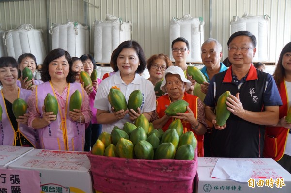 立委張麗善與日頭花姐妹會購200箱木瓜贈弱勢，以實際行動支持木瓜農。（記者詹士弘攝）