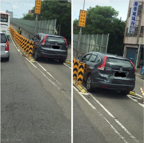 一台灰色休旅車不知為何，竟開上了機車專用道，導致車身卡在入口動彈不得，進退兩難。（圖擷取自爆廢公社）