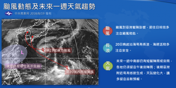 近期台灣受到西南風及午後熱對流影響，各地有短暫陣雨或雷陣雨，恐將延續至下週。中央氣象局特別製圖「未來一週天氣趨勢」，提醒民眾要留意午後雷陣雨、沿海長浪及颱風動態。（圖擷取自中央氣象局）