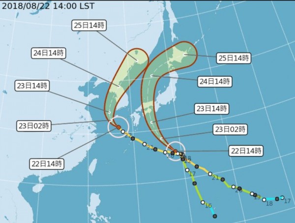 蘇力颱風、西馬隆颱風將侵襲南韓與日本，長榮航空、台灣虎航、華航今先後宣布部分航班將異動。（擷取自中央氣象局網頁）