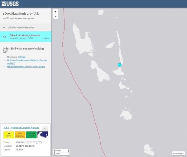 萬那杜今晨發生芮氏規模6.5強震。（擷取自USGS）