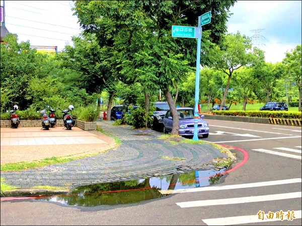 高鐵特定區人行道無障礙斜坡，雨天即積水。（記者廖雪茹攝）