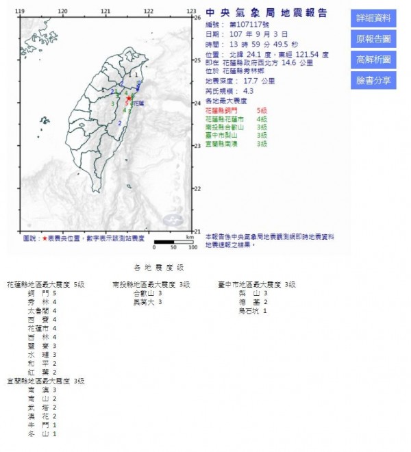 中央氣象局表示，今天下午1時59分，花蓮縣秀林鄉發生芮氏規模4.3地震。（圖翻攝自中央氣象局）