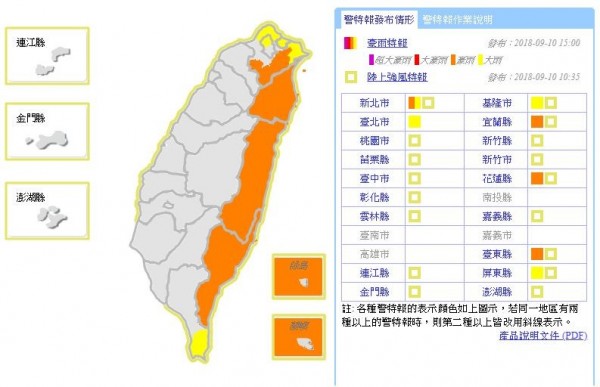 受到熱帶性低氣壓的影響，北部、南部、東半部有降雨情形，多處地區也易出現強陣風，中央氣象局在下午3點針對7縣市發布豪、大雨特報，及17縣市陸上強風特報，提醒民眾多加留意。（圖擷取自中央氣象局）