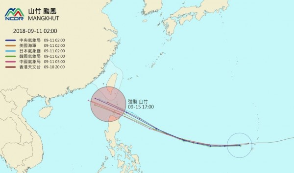 各國預測「山竹」颱風移動路徑。（圖擷取自國家災害防救中心）