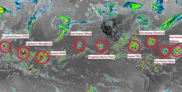 網友發現，全球熱帶地區本週接連出現9個具威脅的氣旋或潛在氣旋，直說「這個週末將會很瘋狂！」（圖擷自推特）