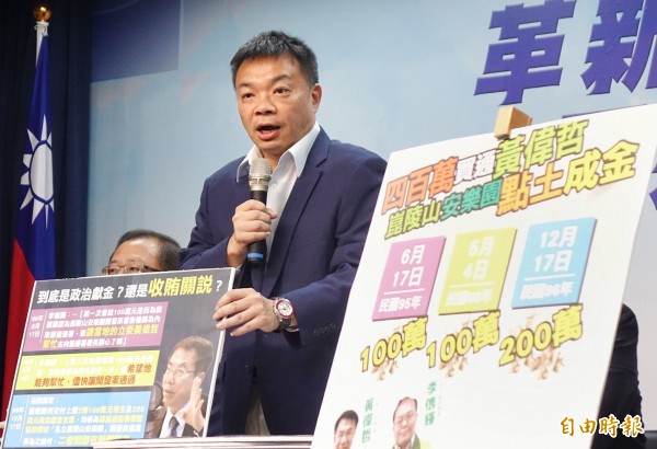 國民黨台南市長參選人高思博14日舉行記者會，指控民進黨參選人黃偉哲收賄。（記者方賓照攝）