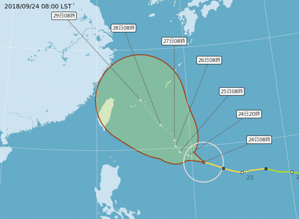 明後兩天導引氣流減弱，潭美颱風將陷近似滯留狀態，滯留後的移動方向為是否侵台關鍵。（圖擷取自中央氣象局）