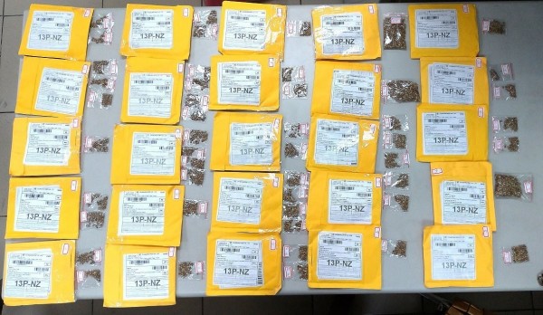 台北關快遞機放組成功攔截轉口「毒」郵包，經查夾藏3983顆大麻種子。（記者姚介修翻攝）