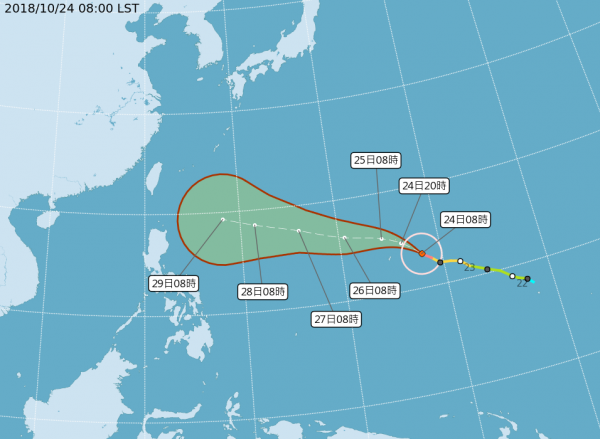 由於路徑持續偏西，玉兔颱風有更加靠近台灣的可能性。（中央氣象局）