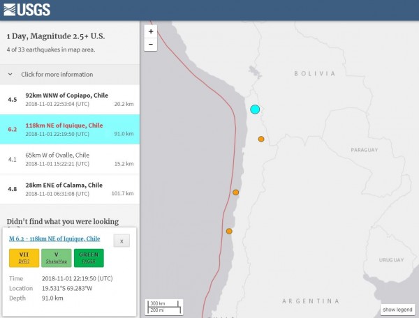 智利遭規模6.2強震襲擊，不過並未傳出重大災情。（擷取自USGS）