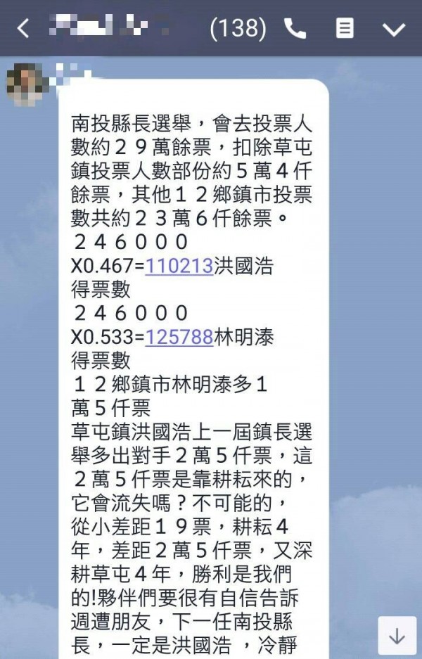 手機通訊軟體LINE群組流傳民進黨洪國浩的南投縣長選舉勝選分析，引發綠、藍兩方不同看法。圖中算式部分246000應為236000。（記者劉濱銓翻攝）