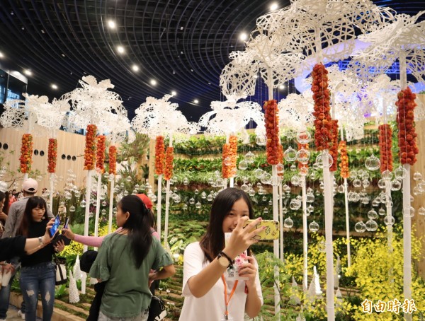 花博后里園區的「花舞館」，花團錦簇，遊客爭相拍照留念。（記者歐素美攝）