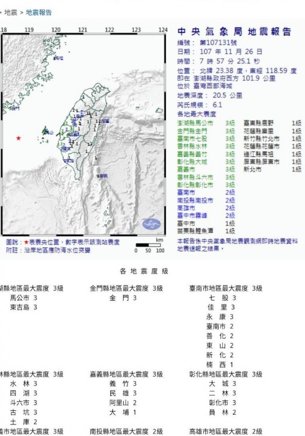 澎湖海域發生芮氏規模六點一的強震。（記者王俊忠取自氣象局網站）