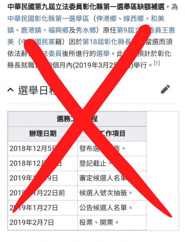 網路盛傳彰化第一選區立委補選時程，縣選委會證實這是假消息。（記者劉曉欣翻攝）