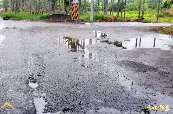 南投縣名間鄉東湖村「大老巷」路面凹凸不平，一下雨就積水，民眾盼能早日改善。（記者謝介裕攝）