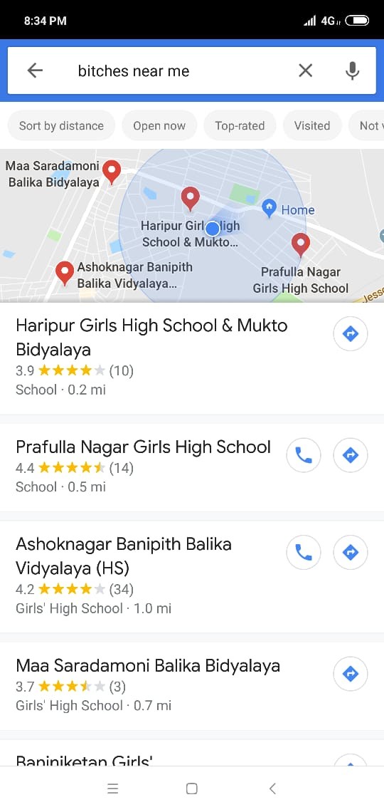一名網友發現,在Google Maps上搜尋「在我附近的婊子」,竟會出現女校、女宿及女裝店。(圖擷取自推特) 一名網友發現,在Google Maps上搜尋「在我附近的婊子」,竟會出現女校、女宿及女裝店。(圖擷取自推特)