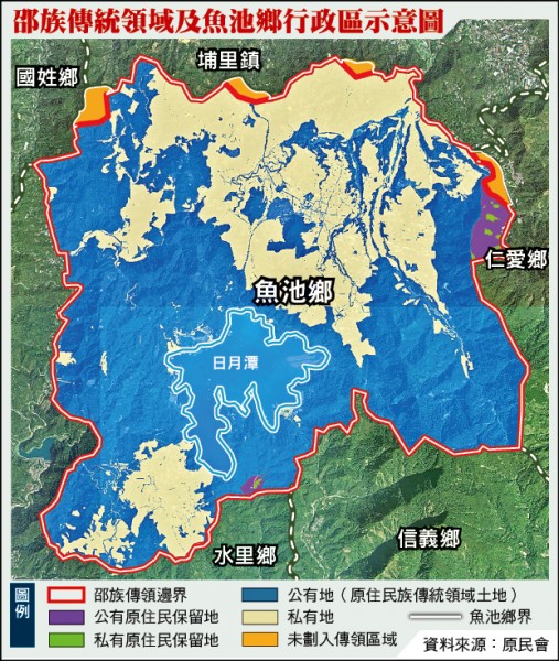 邵族傳統領域及魚池鄉行政區示意圖