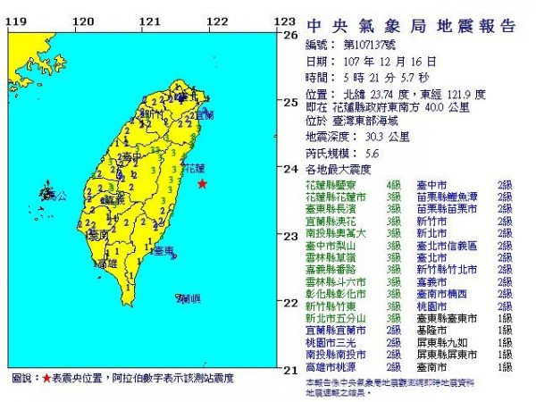 花蓮縣今晨5點21分發生一起芮氏規模5.6強震。（圖擷取自中央氣象局）