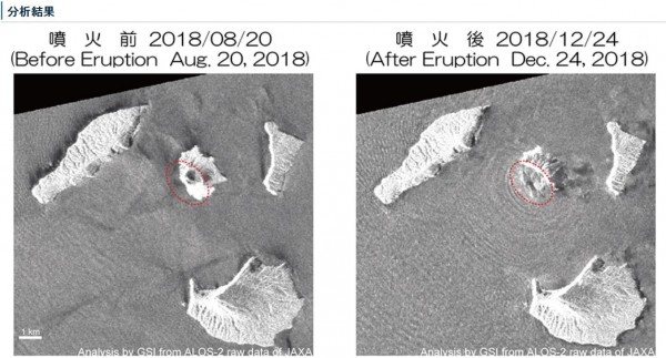 根據雷達圖所示，可見喀拉喀托之子（Anak Krakatau）火山活動前後的地形變化，火山爆發2日後，喀拉喀托之子火山的西南側沒入海中，研判海嘯即與火山活動造成的海底山崩有關。（圖擷取自日本國土地理院官網）