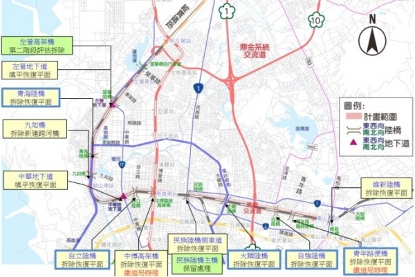 高雄市政府預計拆除或填平的10座橋梁、2座地下道。（高雄市工務局提供）