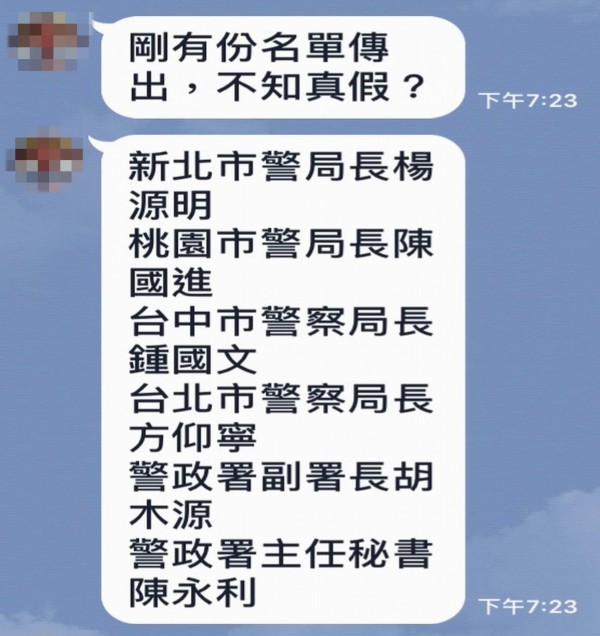 網路上流傳6名高階警官調動名單，其中就有4人高升直轄市警局長，警界人士看到名單直呼「震驚！」（記者湯世名翻攝）