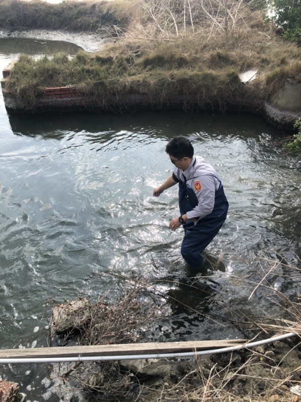 保七員警冒著低溫穿青蛙裝下水清除蜈蚣網。（記者王俊忠翻攝）