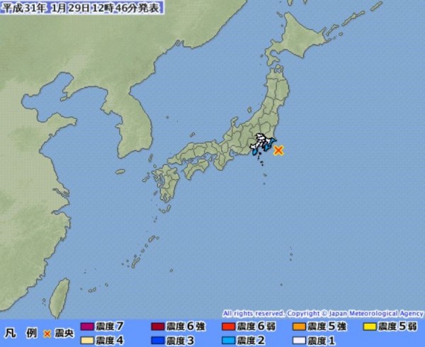 千葉縣外海發生芮氏規模5.3強震。（圖擷取自日本氣象廳）