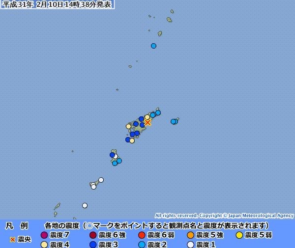 鹿兒島縣奄美大島於今午2點38分發生芮氏規模4.8的地震。（圖擷取自日本氣象廳）