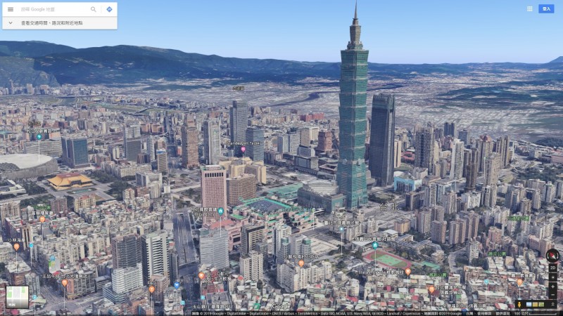 Google地圖今（13）日推出了台灣版的3D城市，使用者只要開啟功能後即可自由拉近拉遠，以任何角度鳥瞰台灣的城市。（圖翻攝自Google地圖）