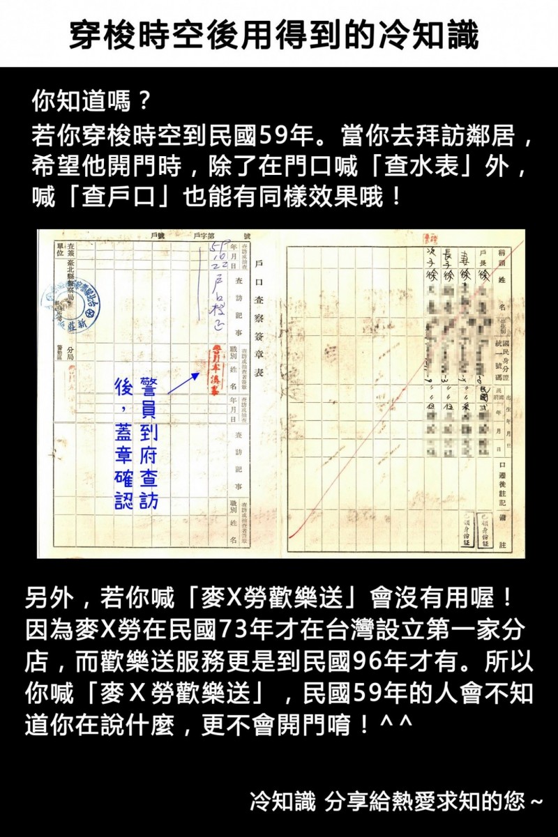 內政部臉書粉絲專頁分享「穿梭時空候用得到的冷知識」，引發討論。（圖擷取自內政部臉書粉絲專頁）