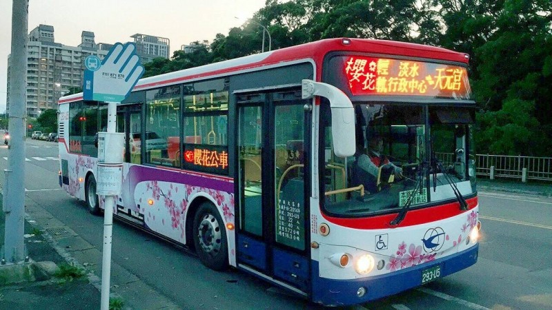 配合輕軌通車，輕軌淡水行政中心站新增接駁公車到天元宮，方便民眾賞櫻。（新北市交通局提供）