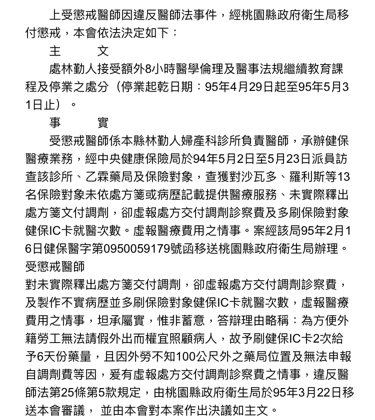 涉嫌加重麻醉劑量、性侵女病患的婦產科醫師林勤人，曾因多刷健保卡、虛報費用，被停業一個月。（記者魏瑾筠翻攝）