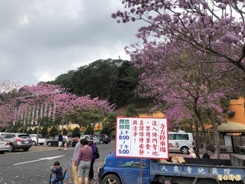 民眾要進入靈巖山寺停車場賞花，忌攜帶葷食，並保持安靜與潔淨，共同維護賞花環境。（記者佟振國攝）