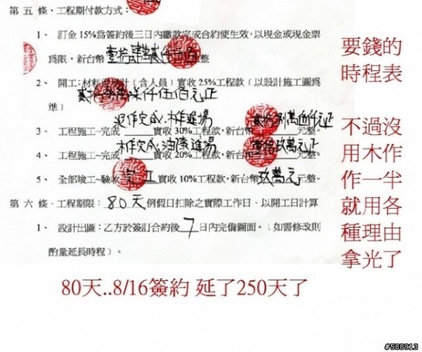 網友痛陳被江男拿了錢卻延誤工期多達250天!(取自網路) 網友痛陳被江男拿了錢卻延誤工期多達250天!(取自網路)