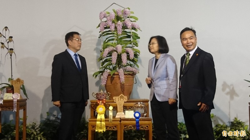 蔡英文忍不住靠近台灣蘭展全場總冠軍狐狸尾蘭聞花香。（記者楊金城攝）