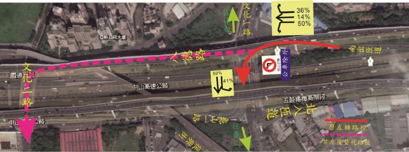 從五月一日起，林口A交流道南出匝口於文化一路禁止左轉。（桃園市交通局提供）