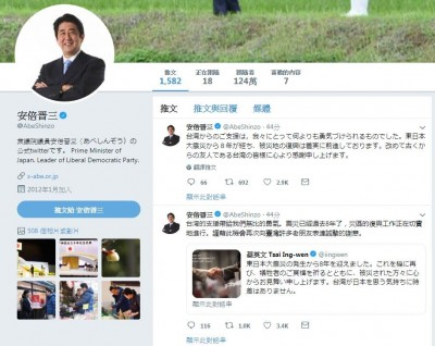 日本311大地震昨（11）日剛滿8年，日本首相安倍晉三今日特地在社群軟體推特上，轉貼了總統蔡英文10日為日本災民祈福的推文，不僅表示「再次向台灣許多老朋友表達誠摯的謝意」，更表示「台灣的支援帶給我們無比的勇氣」。（圖擷取自安倍晉三推特）