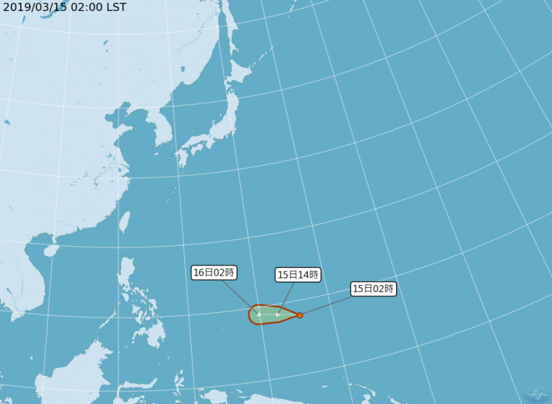 中央氣象局指出，今晨2時在關島南方海面有熱帶性低氣壓。（圖擷取自氣象局）